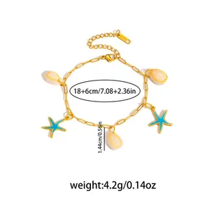 Bracciale in acciaio inossidabile dorato con stelle marine blu e ciondoli a conchiglia
