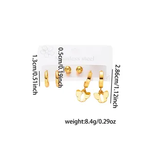Three-piece gold titanium steel earring set with round beads and butterfly charms