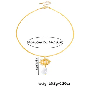 Gold snake chain necklace featuring evil eye pendant with baroque pearls and size details