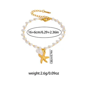 Bracciale con stella marina dorata e perle in acciaio inossidabile con moschettone