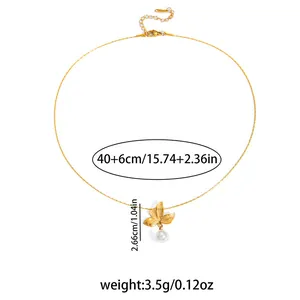 Golden flower petal pendant necklace with white pearl and adjustable 40cm lobster chain