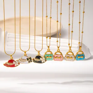 Fashion Stainless Steel Gold Plated Enamel Hat Handbag Pendant Necklace For Women Elegant Artificial Pearl Bow Zirconia Jewelry