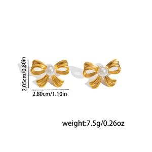 Golden bow pearl earrings with detailed dimensions and weight for women's jewelry