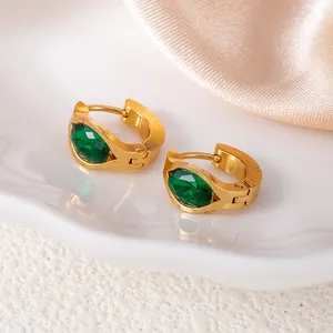 Elegant gold titanium steel hoop earrings with large green faceted oval gemstones