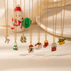 Collier Pendentif de Noël en Acier Inoxydable Femmes Or Émail Renne Bonhomme de Neige Père Noël Lune Boîte Cadeau Bijoux