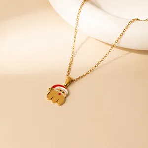 Collier de Noël en acier inoxydable doré avec pendentif Père Noël mignon et émail rouge