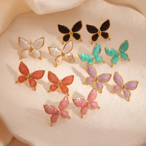 Boucles d'Oreilles Clous Papillon Acier Inoxydable Goutte d'Huile Motif Marbre Bord Doré Bijoux Mode Élégants Femme