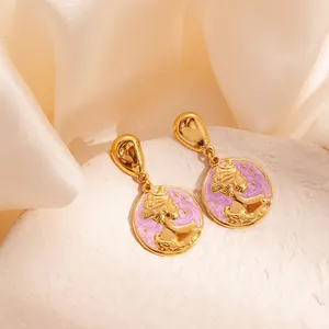 Vintage French gold earrings with purple enamel and embossed queen portrait