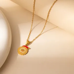 Collier en acier inoxydable doré avec pendentif rond motif Père Noël pour femme