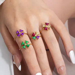 Fashionable stainless steel windmill ring with colorful zircon geometric gemstones