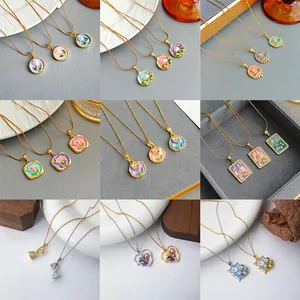 Enamel Flower Butterfly Pendant Necklace Stainless Steel French Retro Oil Painting Floral Artificial Pearl Jewelry For Women
