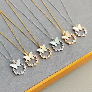 Elegant stainless steel necklace with pearlescent gradient butterfly pendant in six colors