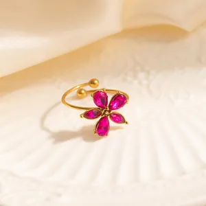 Elegant gold-plated open ring with rose pink zircon flower petals for women