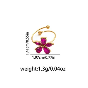 Golden stainless steel five-petal flower ring with pink zircon stones and adjustable band