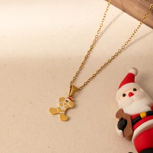 Collier en acier inoxydable doré avec pendentif bonhomme de pain d'épices de Noël