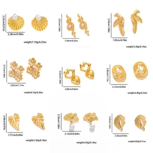 Goldenes Edelstahl Ohrring Set mit Muschel, Schlange, Herz, Blatt Formen und Perlen Akzenten