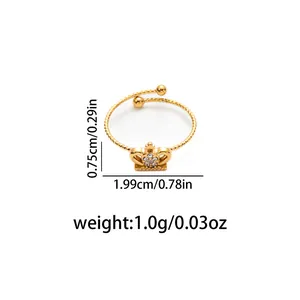 Golden stainless steel crown ring with sparkling zircons and adjustable spiral band