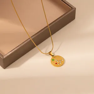 Golden zodiac necklace with engraved constellation pendant and sparkling zircon stones