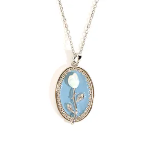 Elegant oval light blue enamel tulip pendant necklace with silver beaded trim detail