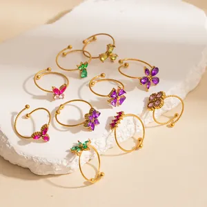 Golden stainless steel adjustable ring set with colorful butterfly and floral zircon gems