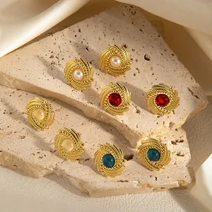 Retro round spiral woven gold stud earrings with colorful gemstones and pearls set