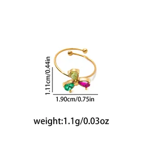 Detailed size and weight view of gold-plated butterfly zircon ring with colorful gems