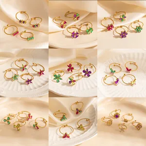 Adjustable Stainless Steel Butterfly Flower Zircon Open Ring For Women Gold Plated Multi Color Rhinestone Fashion Jewelry