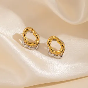 Orecchini a onde irregolari in acciaio inossidabile bicolore oro e argento di lusso