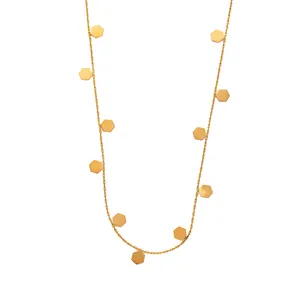 Elegant gold-tone stainless steel necklace featuring ten small solid hexagonal pendants