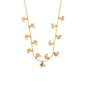 Elegant gold stainless steel choker necklace featuring thirteen delicate hollow butterfly charms