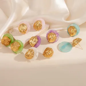 Parure de boucles d'oreilles rondes en acier inoxydable avec textures marbre coloré