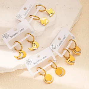 Parure de boucles d'oreilles créoles en acier doré avec breloques cœur papillon et lune