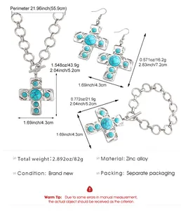 Größentabelle für Kreuz-Schmuckset mit türkisfarbenen Steinen aus Zinklegierung