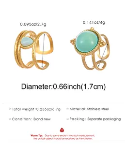 Detaillierte Größenangaben für böhmische Vintage-Edelstahlringe mit grünen Steinen in Gold