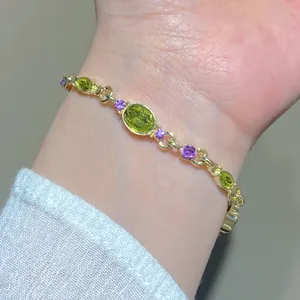 Vintage Alloy Rhinestone Gemstone Bracelet For Women Light Luxury Gold Silver Plated Green Purple Stone Star Geometric Link Chain Jewelry