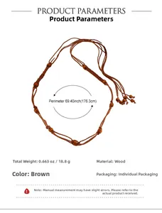 Detail showing 176.3cm handmade brown wooden beaded body chain with a bohemian aesthetic
