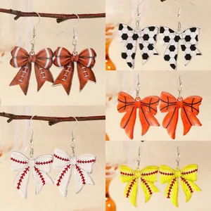 Bow drop earrings with acrylic ball prints for soccer, football, and baseball