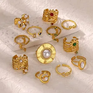 Vintage Stainless Steel Imitation Pearl Heart Sunflower Snake Open Ring Gold Plated French Elegant Adjustable Jewelry Women Finger Ring