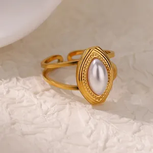 Vintage gold heart ring with marquise pearl, elegant stainless steel open design for women