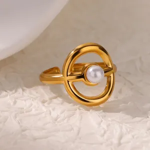 Vintage style gold stainless steel open ring with round white pearl in heart frame