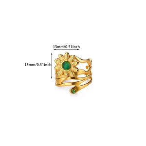 Detailed view of sunflower ring with green stones and 13mm size specification