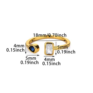 Detailed size specifications for open gold ring with blue and clear gemstones