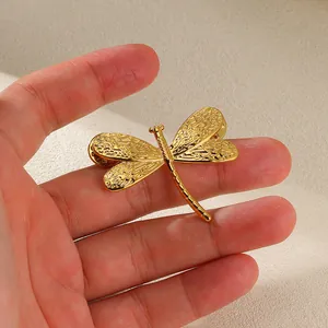 Vintage Textured Stainless Steel Dragonfly Brooch For Women Elegant Metallic Animal Pin Fashion Dress Suit Accessories