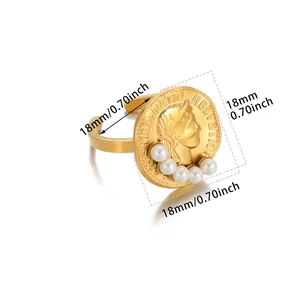 Detailed view of vintage gold coin ring with pearls and 18mm size measurements