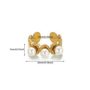 Detailed view of golden beaded ring with three pearls and size dimensions marked