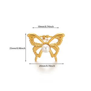 Detailed dimensions of gold butterfly ring with pearl inlay showing height and width specs