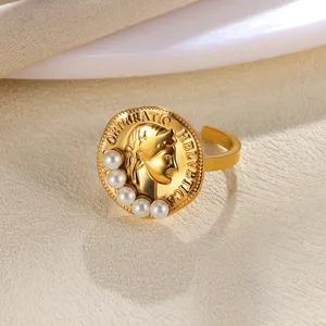 Vintage French style gold coin ring with pearls and engraved portrait for women