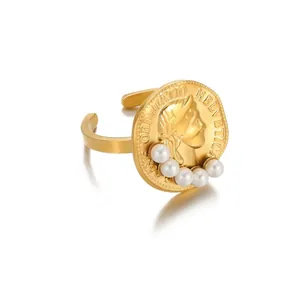 French retro gold coin ring with female profile relief and five white pearls decoration