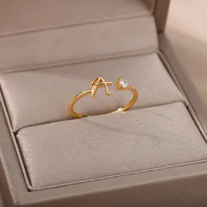 Minimalist Kupfer Zirkon Anfangsbuchstabe Offener Ring Verstellbar Gold Silber Plattiert Mode Fingerring Für Damen Schmuck Geschenk