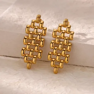 Polished gold plated titanium steel camellia drop earrings with hollow bead weave design